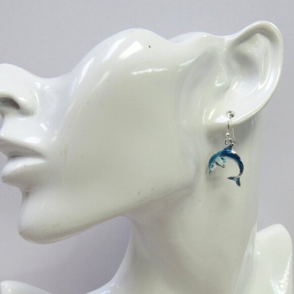 Silver Plated Blue Dolphin Dangle Drop Pierced Earrings - Picture 3 of 3